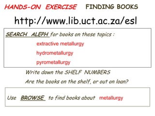 Electronic resources for finding information and library materials.BOOKS