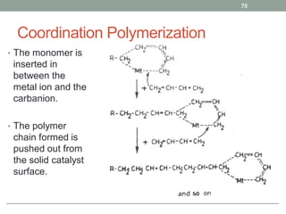 Coordination Polymerization
• The monomer is
inserted in
between the
metal ion and the
carbanion.
• The polymer
chain formed is
pushed out from
the solid catalyst
surface.
75
 