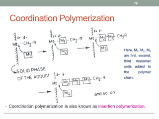 Coordination Polymerization
• Coordination polymerization is also known as insertion polymerization.
76
Here, M1, M2, M3
are first, second,
third monomer
units added to
the polymer
chain.
 