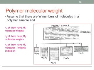 Polymer molecular weight
• Assume that there are ‘n’ numbers of molecules in a
polymer sample and
92
n1 of them have M1
molecular weights
n2 of them have M2
molecular weights
n3 of them have M3
molecular weights
and so on
 