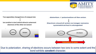 Polarization of anion
Due to polarization, sharing of electrons occurs between two ions to some extent and the
bond exhibits covalent character.
 
