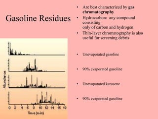 Gasoline Residues
• Are best characterized by gas
chromatography
• Hydrocarbon: any compound
consisting
only of carbon and hydrogen
• Thin-layer chromatography is also
useful for screening debris
• Unevaporated gasoline
• 90% evaporated gasoline
• Unevaporated kerosene
• 90% evaporated gasoline
 