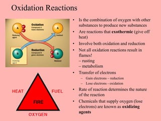 Oxidation Reactions
• Is the combination of oxygen with other
substances to produce new substances
• Are reactions that exothermic (give off
heat)
• Involve both oxidation and reduction
• Not all oxidation reactions result in
flames!
– rusting
– metabolism
• Transfer of electrons
– Gain electrons – reduction
– Lose electrons - oxidation
• Rate of reaction determines the nature
of the reaction
• Chemicals that supply oxygen (lose
electrons) are known as oxidizing
agents
 