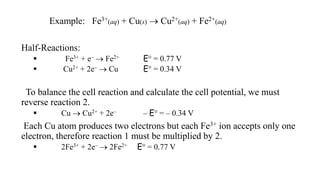 Example: Fe3+(aq) + Cu(s)  Cu2+(aq) + Fe2+(aq)
Half-Reactions:
 Fe3+ + e–  Fe2+ E° = 0.77 V
 Cu2+ + 2e–  Cu E° = 0.34 V
To balance the cell reaction and calculate the cell potential, we must
reverse reaction 2.
 Cu  Cu2+ + 2e– – E° = – 0.34 V
Each Cu atom produces two electrons but each Fe3+ ion accepts only one
electron, therefore reaction 1 must be multiplied by 2.
 2Fe3+ + 2e–  2Fe2+ E° = 0.77 V
 