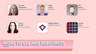 More tools and resourcesMore tools and resources
Twitter
Connie
Malamed
@elearningcoach
Mike
Taylor
@tmiket
Tim
Slade
@sladetim
Tracy
Parish
@Tracy_Parish
BrightCarbon
@BrightCarbon
Comp
Cam
@comp_cam
 
