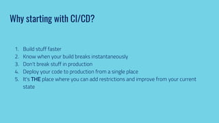 Why starting with CI/CD?
1. Build stuff faster
2. Know when your build breaks instantaneously
3. Don't break stuff in production
4. Deploy your code to production from a single place
5. It's THE place where you can add restrictions and improve from your current
state
 