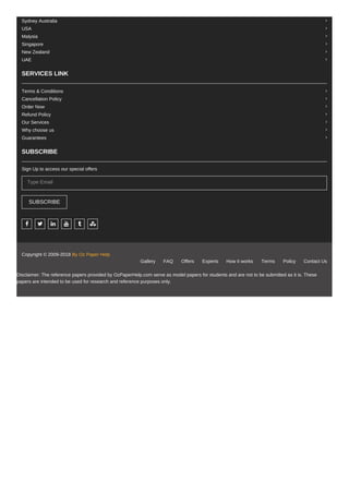 Disclaimer: The reference papers provided by OzPaperHelp.com serve as model papers for students and are not to be submitted as it is. These
papers are intended to be used for research and reference purposes only.
Sydney Australia 
USA 
Malysia 
Singapore 
New Zealand 
UAE 
SERVICES LINK
Terms & Conditions 
Cancellation Policy 
Order Now 
Refund Policy 
Our Services 
Why choose us 
Guarantees 
SUBSCRIBE
Sign Up to access our special offers
Type Email
SUBSCRIBE
     
Copyright © 2009-2018 By Oz Paper Help
Gallery FAQ Offers Experts How it works Terms Policy Contact Us
 