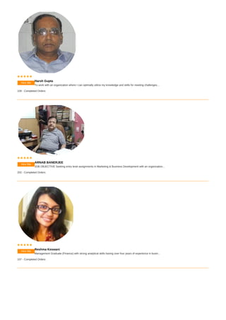 Hire Me
    
Harsh Gupta
To work with an organization where I can optimally utilize my knowledge and skills for meeting challenges...
109 - Completed Orders
Hire Me
    
ARNAB BANERJEE
JOB OBJECTIVE Seeking entry level assignments in Marketing & Business Development with an organization...
202 - Completed Orders
Hire Me
    
Reshma Keswani
Management Graduate (Finance) with strong analytical skills having over four years of experience in busin...
107 - Completed Orders
 