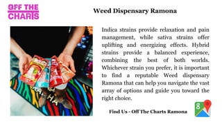 Indica strains provide relaxation and pain
management, while sativa strains offer
uplifting and energizing effects. Hybrid
strains provide a balanced experience,
combining the best of both worlds.
Whichever strain you prefer, it is important
to find a reputable Weed dispensary
Ramona that can help you navigate the vast
array of options and guide you toward the
right choice.
Weed Dispensary Ramona
Find Us - Off The Charts Ramona
 