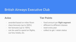 British Airways Executive Club
Avios
- awarded based on miles flown
- class bonuses (up to 300%)
- tier bonuses (up to 100%)
- can be used to spend on flights,
car hire, hotels, etc.
Tier Points
- fixed amount per flight segment
- different to different classes
- reset every year
- collect to get / retain status
 