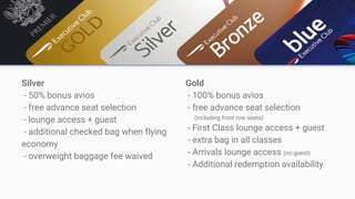 Silver
- 50% bonus avios
- free advance seat selection
- lounge access + guest
- additional checked bag when flying
economy
- overweight baggage fee waived
Gold
- 100% bonus avios
- free advance seat selection
(including front row seats)
- First Class lounge access + guest
- extra bag in all classes
- Arrivals lounge access (no guest)
- Additional redemption availability
 