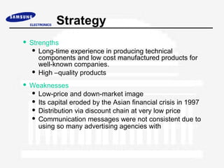 Strategy
 Strengths
    Long-time experience in producing technical
     components and low cost manufactured products for
     well-known companies.
    High –quality products
 Weaknesses
   Low-price and down-market image
   Its capital eroded by the Asian financial crisis in 1997
   Distribution via discount chain at very low price
   Communication messages were not consistent due to
    using so many advertising agencies with more than
     20 slogans
 