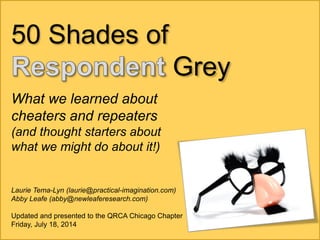 50 Shades of
Grey
What we learned about
cheaters and repeaters
(and thought starters about
what we might do about it!)
Laurie Tema-Lyn (laurie@practical-imagination.com)
Abby Leafe (abby@newleaferesearch.com)
Updated and presented to the QRCA Chicago Chapter
Friday, July 18, 2014
 