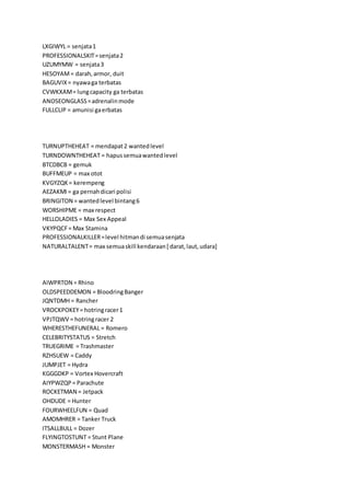 LXGIWYL = senjata1
PROFESSIONALSKIT=senjata2
UZUMYMW = senjata3
HESOYAM= darah,armor, duit
BAGUVIX= nyawaga terbatas
CVWKXAM= lungcapacity ga terbatas
ANOSEONGLASS=adrenalinmode
FULLCLIP = amunisi gaerbatas
TURNUPTHEHEAT = mendapat2 wantedlevel
TURNDOWNTHEHEAT = hapussemuawantedlevel
BTCDBCB = gemuk
BUFFMEUP = max otot
KVGYZQK= kerempeng
AEZAKMI= ga pernahdicari polisi
BRINGITON = wantedlevel bintang6
WORSHIPME = max respect
HELLOLADIES = Max Sex Appeal
VKYPQCF= Max Stamina
PROFESSIONALKILLER=level hitmandi semuasenjata
NATURALTALENT= max semuaskill kendaraan[ darat,laut,udara]
AIWPRTON = Rhino
OLDSPEEDDEMON = BloodringBanger
JQNTDMH = Rancher
VROCKPOKEY= hotringracer1
VPJTQWV = hotringracer 2
WHERESTHEFUNERAL = Romero
CELEBRITYSTATUS = Stretch
TRUEGRIME = Trashmaster
RZHSUEW = Caddy
JUMPJET = Hydra
KGGGDKP = Vortex Hovercraft
AIYPWZQP= Parachute
ROCKETMAN = Jetpack
OHDUDE = Hunter
FOURWHEELFUN = Quad
AMOMHRER = Tanker Truck
ITSALLBULL = Dozer
FLYINGTOSTUNT = Stunt Plane
MONSTERMASH = Monster
 