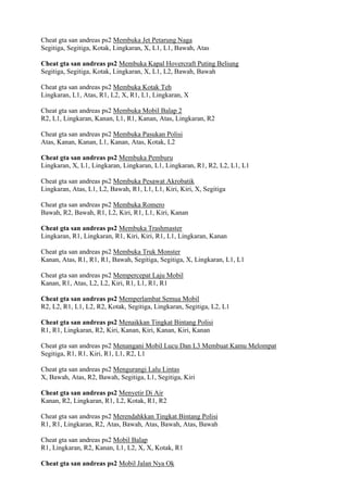 Cheat gta san andreas ps2 Membuka Jet Petarung Naga
Segitiga, Segitiga, Kotak, Lingkaran, X, L1, L1, Bawah, Atas
Cheat gta san andreas ps2 Membuka Kapal Hovercraft Puting Beliung
Segitiga, Segitiga, Kotak, Lingkaran, X, L1, L2, Bawah, Bawah
Cheat gta san andreas ps2 Membuka Kotak Teh
Lingkaran, L1, Atas, R1, L2, X, R1, L1, Lingkaran, X
Cheat gta san andreas ps2 Membuka Mobil Balap 2
R2, L1, Lingkaran, Kanan, L1, R1, Kanan, Atas, Lingkaran, R2
Cheat gta san andreas ps2 Membuka Pasukan Polisi
Atas, Kanan, Kanan, L1, Kanan, Atas, Kotak, L2
Cheat gta san andreas ps2 Membuka Pemburu
Lingkaran, X, L1, Lingkaran, Lingkaran, L1, Lingkaran, R1, R2, L2, L1, L1
Cheat gta san andreas ps2 Membuka Pesawat Akrobatik
Lingkaran, Atas, L1, L2, Bawah, R1, L1, L1, Kiri, Kiri, X, Segitiga
Cheat gta san andreas ps2 Membuka Romero
Bawah, R2, Bawah, R1, L2, Kiri, R1, L1, Kiri, Kanan
Cheat gta san andreas ps2 Membuka Trashmaster
Lingkaran, R1, Lingkaran, R1, Kiri, Kiri, R1, L1, Lingkaran, Kanan
Cheat gta san andreas ps2 Membuka Truk Monster
Kanan, Atas, R1, R1, R1, Bawah, Segitiga, Segitiga, X, Lingkaran, L1, L1
Cheat gta san andreas ps2 Mempercepat Laju Mobil
Kanan, R1, Atas, L2, L2, Kiri, R1, L1, R1, R1
Cheat gta san andreas ps2 Memperlambat Semua Mobil
R2, L2, R1, L1, L2, R2, Kotak, Segitiga, Lingkaran, Segitiga, L2, L1
Cheat gta san andreas ps2 Menaikkan Tingkat Bintang Polisi
R1, R1, Lingkaran, R2, Kiri, Kanan, Kiri, Kanan, Kiri, Kanan
Cheat gta san andreas ps2 Menangani Mobil Lucu Dan L3 Membuat Kamu Melompat
Segitiga, R1, R1, Kiri, R1, L1, R2, L1
Cheat gta san andreas ps2 Mengurangi Lalu Lintas
X, Bawah, Atas, R2, Bawah, Segitiga, L1, Segitiga, Kiri
Cheat gta san andreas ps2 Menyetir Di Air
Kanan, R2, Lingkaran, R1, L2, Kotak, R1, R2
Cheat gta san andreas ps2 Merendahkkan Tingkat Bintang Polisi
R1, R1, Lingkaran, R2, Atas, Bawah, Atas, Bawah, Atas, Bawah
Cheat gta san andreas ps2 Mobil Balap
R1, Lingkaran, R2, Kanan, L1, L2, X, X, Kotak, R1
Cheat gta san andreas ps2 Mobil Jalan Nya Ok
 