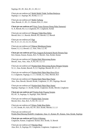 Segitiga, R1, R1, Kiri, R1, L1, R2, L1
Cheat gta san andreas ps2 Mobil Mobil Tidak Terlihat Bodynya
Segitiga, L1, Segitiga, R2, Kotak, L1, L1
Cheat gta san andreas ps2 Mobil Terbang
Atas, Bawah, L1, R1, L1, Kanan, Kiri, L1, Kiri
Cheat gta san andreas ps2 Ninja Tema (Semua Orang Pakai Samurai)
X, X, Bawah, R2, L2, Lingkaran, R1, Lingkaran, Kotak
Cheat gta san andreas ps2 Oksigen Tidak Bisa Habis
Bawah, Kiri, L1, Bawah, Bawah, R2, Bawah, L2, Bawah
Cheat gta san andreas ps2 Pagi
R2, X, L1, L1, L2, L2, L2, Kotak
Cheat gta san andreas ps2 Palacur Membayar Kamu
Kanan, L2, L2, Bawah, L2, Atas, Atas, L2, R2
Cheat gta san andreas ps2 Para Anggota Kelompok Buruh Dimana Saja
Kiri, Kanan, Kanan, Kanan, Kiri, X, Bawah, Atas, Kotak, Kanan
Cheat gta san andreas ps2 Pejalan Kaki Menyerang Kamu
Bawah, Atas, Atas, Atas, X, R2, R1, L2, L2
Cheat gta san andreas ps2 Pejalan Kaki Menyerang Kamu Dengan Senjata
X, L1, Atas, Kotak, Bawah, X, L2, Segitiga, Bawah, R1, L1, L1
Cheat gta san andreas ps2 Pejalan Kaki Pakai Baju Kaya Elvis
L1, Lingkaran, Segitiga, L1, L1, Kotak, L2, Atas, Bawah, Kiri
Cheat gta san andreas ps2 Pejalan Kaki Pakai Baju Pantai
Atas, Atas, Bawah, Bawah, Kotak, Lingkaran, L1, R1, Segitiga, Bawah
Cheat gta san andreas ps2 Pejalan Kaki Pakai Baju Santai
Segitiga, Segitiga, L1, Kotak, Kotak, Lingkaran, Kotak, Bawah, Lingkaran
Cheat gta san andreas ps2 Pejalan Kaki Pegang Senjata
R2, R1, X, Segitiga, X, Segitiga, Atas, Bawah
Cheat gta san andreas ps2 Pejalan Kaki Tawuran
Bawah, Kiri, Atas, Kiri, X, R2, R1, L2, L1
Cheat gta san andreas ps2 Peluru Tidak Bisa Habis
L1, R1, Kotak, R1, Kiri, R2, R1, Kiri, Kotak, Bawah, L1, L1
Cheat gta san andreas ps2
Perahu Boat Burung DodoR2, Lingkaran, Atas, L1, Kanan, R1, Kanan, Atas, Kotak, Segitiga
Cheat gta san andreas ps2 Polisi 6 Bintang
Lingkaran, Kanan, Lingkaran, Kanan, Kiri, Kotak, X, Bawah
Cheat gta san andreas ps2 Pukulan Maut
Atas, Kiri, X, Segitiga, R1, Lingkaran, Lingkaran, Lingkaran, L2
 