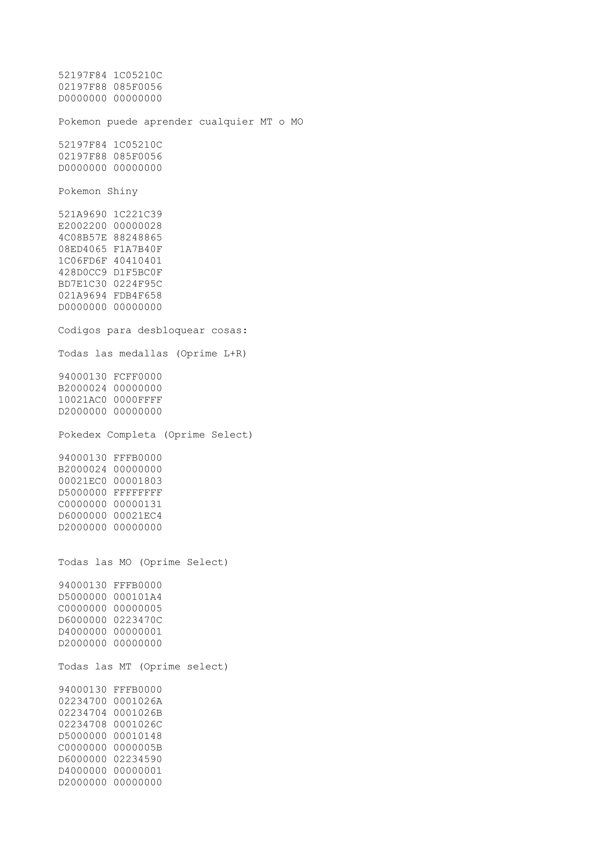 Cheats pokemon tercera generacion | TXT