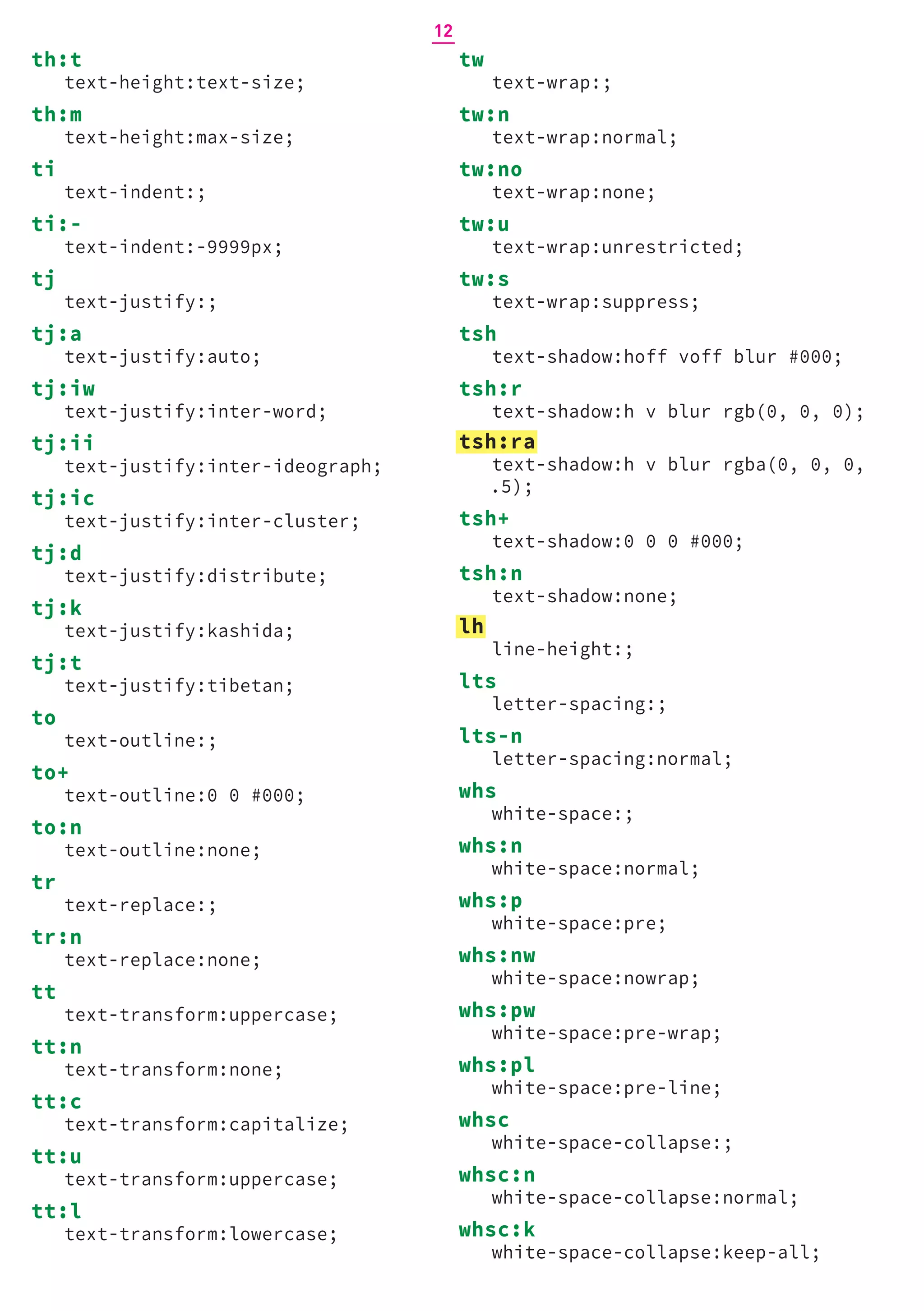 tw
text-wrap:;
tw:n
text-wrap:normal;
tw:no
text-wrap:none;
tw:u
text-wrap:unrestricted;
tw:s
text-wrap:suppress;
tsh
text-shadow:hoff voff blur #000;
tsh:r
text-shadow:h v blur rgb(0, 0, 0);
tsh:ra
text-shadow:h v blur rgba(0, 0, 0,
.5);
tsh+
text-shadow:0 0 0 #000;
tsh:n
text-shadow:none;
lh
line-height:;
lts
letter-spacing:;
lts-n
letter-spacing:normal;
whs
white-space:;
whs:n
white-space:normal;
whs:p
white-space:pre;
whs:nw
white-space:nowrap;
whs:pw
white-space:pre-wrap;
whs:pl
white-space:pre-line;
whsc
white-space-collapse:;
whsc:n
white-space-collapse:normal;
whsc:k
white-space-collapse:keep-all;
th:t
text-height:text-size;
th:m
text-height:max-size;
ti
text-indent:;
ti:-
text-indent:-9999px;
tj
text-justify:;
tj:a
text-justify:auto;
tj:iw
text-justify:inter-word;
tj:ii
text-justify:inter-ideograph;
tj:ic
text-justify:inter-cluster;
tj:d
text-justify:distribute;
tj:k
text-justify:kashida;
tj:t
text-justify:tibetan;
to
text-outline:;
to+
text-outline:0 0 #000;
to:n
text-outline:none;
tr
text-replace:;
tr:n
text-replace:none;
tt
text-transform:uppercase;
tt:n
text-transform:none;
tt:c
text-transform:capitalize;
tt:u
text-transform:uppercase;
tt:l
text-transform:lowercase;
12
 