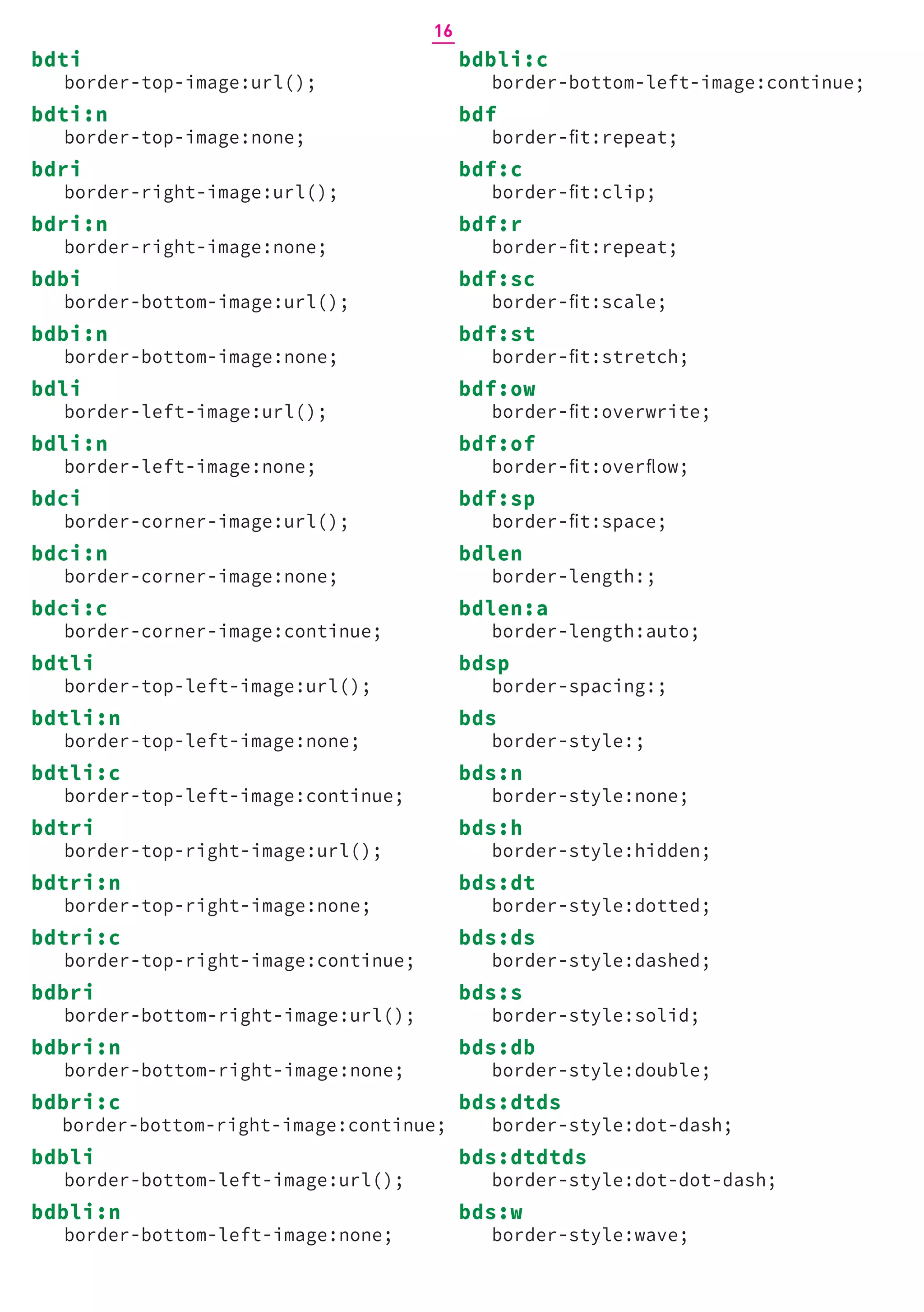 bdbli:c
border-bottom-left-image:continue;
bdf
border-fit:repeat;
bdf:c
border-fit:clip;
bdf:r
border-fit:repeat;
bdf:sc
border-fit:scale;
bdf:st
border-fit:stretch;
bdf:ow
border-fit:overwrite;
bdf:of
border-fit:overflow;
bdf:sp
border-fit:space;
bdlen
border-length:;
bdlen:a
border-length:auto;
bdsp
border-spacing:;
bds
border-style:;
bds:n
border-style:none;
bds:h
border-style:hidden;
bds:dt
border-style:dotted;
bds:ds
border-style:dashed;
bds:s
border-style:solid;
bds:db
border-style:double;
bds:dtds
border-style:dot-dash;
bds:dtdtds
border-style:dot-dot-dash;
bds:w
border-style:wave;
bdti
border-top-image:url();
bdti:n
border-top-image:none;
bdri
border-right-image:url();
bdri:n
border-right-image:none;
bdbi
border-bottom-image:url();
bdbi:n
border-bottom-image:none;
bdli
border-left-image:url();
bdli:n
border-left-image:none;
bdci
border-corner-image:url();
bdci:n
border-corner-image:none;
bdci:c
border-corner-image:continue;
bdtli
border-top-left-image:url();
bdtli:n
border-top-left-image:none;
bdtli:c
border-top-left-image:continue;
bdtri
border-top-right-image:url();
bdtri:n
border-top-right-image:none;
bdtri:c
border-top-right-image:continue;
bdbri
border-bottom-right-image:url();
bdbri:n
border-bottom-right-image:none;
bdbri:c
border-bottom-right-image:continue;
bdbli
border-bottom-left-image:url();
bdbli:n
border-bottom-left-image:none;
16
 