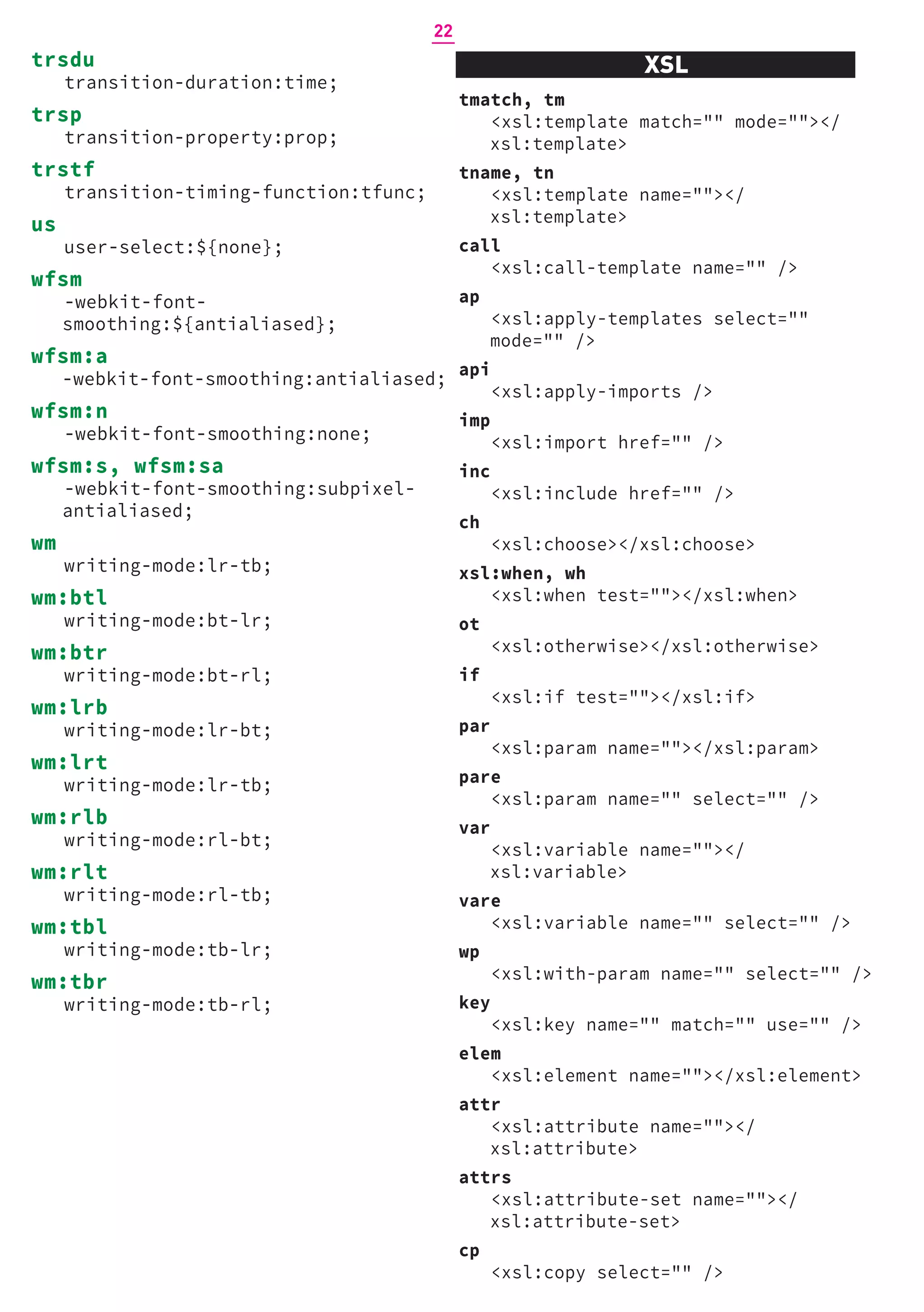 XSL
tmatch, tm
<xsl:template match="" mode=""></
xsl:template>
tname, tn
<xsl:template name=""></
xsl:template>
call
<xsl:call-template name="" />
ap
<xsl:apply-templates select=""
mode="" />
api
<xsl:apply-imports />
imp
<xsl:import href="" />
inc
<xsl:include href="" />
ch
<xsl:choose></xsl:choose>
xsl:when, wh
<xsl:when test=""></xsl:when>
ot
<xsl:otherwise></xsl:otherwise>
if
<xsl:if test=""></xsl:if>
par
<xsl:param name=""></xsl:param>
pare
<xsl:param name="" select="" />
var
<xsl:variable name=""></
xsl:variable>
vare
<xsl:variable name="" select="" />
wp
<xsl:with-param name="" select="" />
key
<xsl:key name="" match="" use="" />
elem
<xsl:element name=""></xsl:element>
attr
<xsl:attribute name=""></
xsl:attribute>
attrs
<xsl:attribute-set name=""></
xsl:attribute-set>
cp
<xsl:copy select="" />
trsdu
transition-duration:time;
trsp
transition-property:prop;
trstf
transition-timing-function:tfunc;
us
user-select:${none};
wfsm
-webkit-font-
smoothing:${antialiased};
wfsm:a
-webkit-font-smoothing:antialiased;
wfsm:n
-webkit-font-smoothing:none;
wfsm:s, wfsm:sa
-webkit-font-smoothing:subpixel-
antialiased;
wm
writing-mode:lr-tb;
wm:btl
writing-mode:bt-lr;
wm:btr
writing-mode:bt-rl;
wm:lrb
writing-mode:lr-bt;
wm:lrt
writing-mode:lr-tb;
wm:rlb
writing-mode:rl-bt;
wm:rlt
writing-mode:rl-tb;
wm:tbl
writing-mode:tb-lr;
wm:tbr
writing-mode:tb-rl;
22
 
