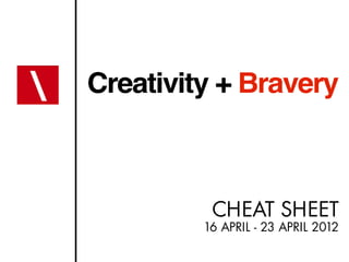 Creativity + Bravery
CHEAT SHEET
16 APRIL - 23 APRIL 2012
 