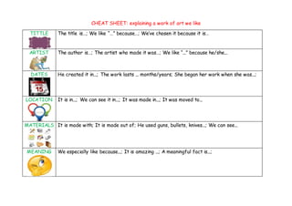CHEAT SHEET: explaining a work of art we like
TITTLE The title is…; We like “…” because…; We’ve chosen it because it is…
ARTIST The author is…; The artist who made it was…; We like “...” because he/she...
DATES He created it in...; The work lasts ... months/years; She began her work when she was...;
LOCATION It is in...; We can see it in...; It was made in...; It was moved to...
MATERIALS It is made with; It is made out of; He used guns, bullets, knives...; We can see...
MEANING We especially like because...; It is amazing ...; A meaningful fact is...;
 