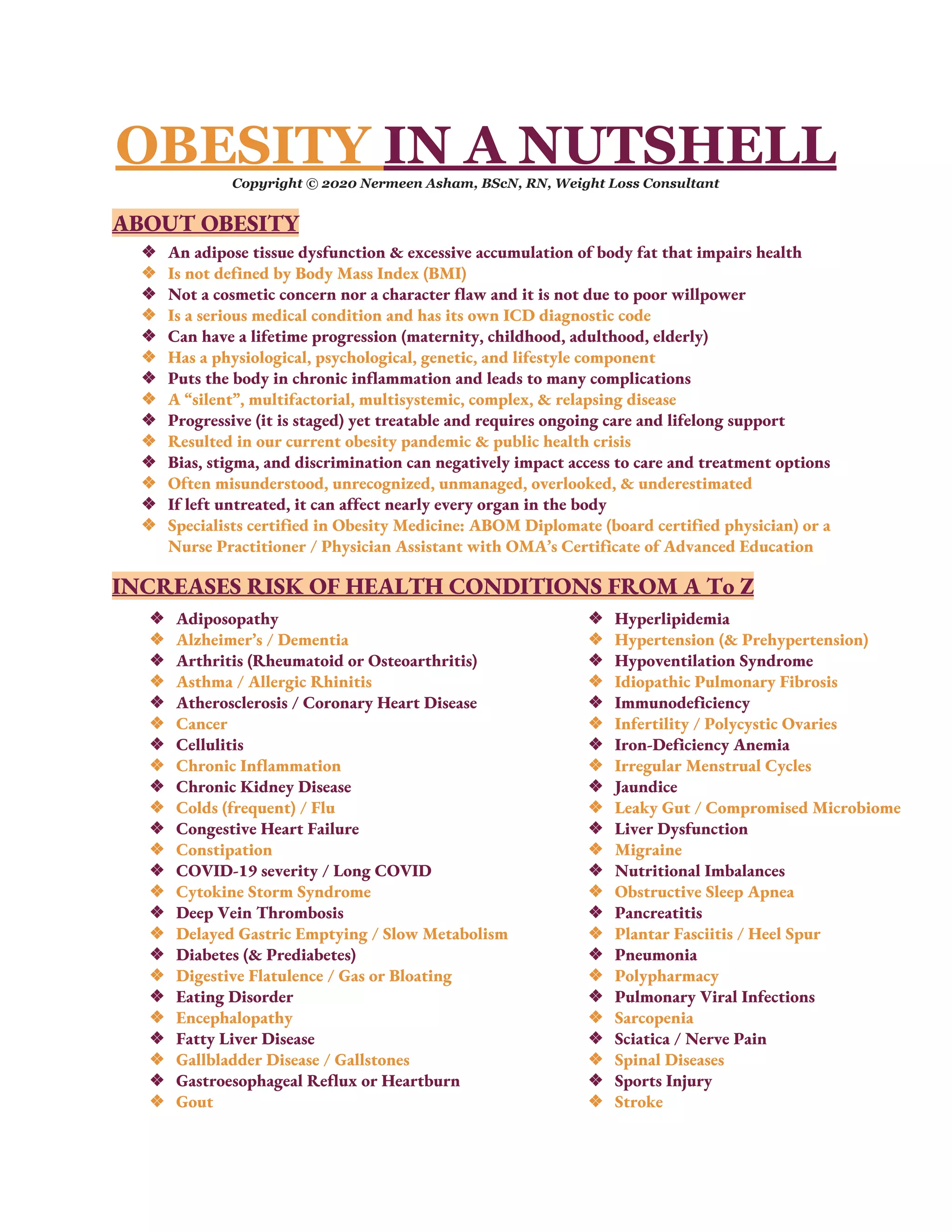 OBESITY ​IN A NUTSHELLCopyright © 2020 Nermeen Asham, BScN, RN, Weight Loss Consultant
ABOUT OBESITY 
❖ An adipose tissue dysfunction & excessive accumulation of body fat that impairs health 
❖ Is not defined by Body Mass Index (BMI) 
❖ Not a cosmetic concern nor a character flaw and it is not due to poor willpower 
❖ Is a serious medical condition and has its own ICD diagnostic code 
❖ Can have a lifetime progression (maternity, childhood, adulthood, elderly) 
❖ Has a physiological, psychological, genetic, and lifestyle component 
❖ Puts the body in chronic inflammation and leads to many complications 
❖ A “silent”, multifactorial, multisystemic, complex, & relapsing disease 
❖ Progressive (it is staged) yet treatable and requires ongoing care and lifelong support  
❖ Resulted in our current obesity pandemic & public health crisis 
❖ Bias, stigma, and discrimination can negatively impact access to care and treatment options 
❖ Often misunderstood, unrecognized, unmanaged, overlooked, & underestimated 
❖ If left untreated, it can affect nearly every organ in the body 
❖ Specialists certified in Obesity Medicine: ABOM Diplomate (board certified physician) or a 
Nurse Practitioner / Physician Assistant with OMA’s Certificate of Advanced Education  
 
INCREASES RISK OF HEALTH CONDITIONS FROM A To Z 
❖ Adiposopathy 
❖ Alzheimer’s / Dementia 
❖ Arthritis (Rheumatoid or Osteoarthritis) 
❖ Asthma / Allergic Rhinitis 
❖ Atherosclerosis / Coronary Heart Disease  
❖ Cancer 
❖ Cellulitis 
❖ Chronic Inflammation 
❖ Chronic Kidney Disease 
❖ Colds (frequent) / Flu  
❖ Congestive Heart Failure 
❖ Constipation 
❖ COVID-19 severity / Long COVID 
❖ Cytokine Storm Syndrome 
❖ Deep Vein Thrombosis 
❖ Delayed Gastric Emptying / Slow Metabolism 
❖ Diabetes (& Prediabetes) 
❖ Digestive Flatulence / Gas or Bloating 
❖ Eating Disorder 
❖ Encephalopathy 
❖ Fatty Liver Disease 
❖ Gallbladder Disease / Gallstones 
❖ Gastroesophageal Reflux or Heartburn 
❖ Gout 
❖ Hyperlipidemia 
❖ Hypertension (& Prehypertension) 
❖ Hypoventilation Syndrome 
❖ Idiopathic Pulmonary Fibrosis 
❖ Immunodeficiency 
❖ Infertility / Polycystic Ovaries 
❖ Iron-Deficiency Anemia 
❖ Irregular Menstrual Cycles 
❖ Jaundice 
❖ Leaky Gut / Compromised Microbiome 
❖ Liver Dysfunction 
❖ Migraine 
❖ Nutritional Imbalances 
❖ Obstructive Sleep Apnea 
❖ Pancreatitis 
❖ Plantar Fasciitis / Heel Spur 
❖ Pneumonia 
❖ Polypharmacy 
❖ Pulmonary Viral Infections 
❖ Sarcopenia  
❖ Sciatica / Nerve Pain 
❖ Spinal Diseases 
❖ Sports Injury 
❖ Stroke 
 