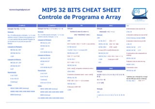 MIPS 32 BITS CHEAT SHEET
Controle de Programa e Array
IF SIMPLES
Instrução: if (a==b){ c = a + b }
Resolução:
Se a ==b então execute a instrução c = a + b, caso
contrário, sai do if. O desvio só vai acontecer se a !
= b, caso contrário não tem desvio!!! Portanto, Se
(a==b) entra no if e se (a!=b) vai para EXIT
(desvia).
Linguagem de Montagem:
BNE $s0, $s1, EXIT
ADD $t0, $s0, $s1
J EXIT
Linguagem de Máquina:
BNE $16, $17, EXIT
ADD $8, $16, $17
J EXIT
Representação:
5 16 17 EXIT
0 16 17 8 0 32
2 [endereço]
Código:
000101 10000 10001 [endereço]
000000 10000 10001 01000 00000 100000
000010 [endereço]
IF COMPOSTO
Instrução: if (a==b) { c = a + b } else { c = a — b}
Resolução:
Se a ==b então execute a instrução c = a + b, caso
contrário, execute a instrução c = a—b.
Linguagem de Montagem:
BNE $s0, $s1, ELSE
ADD $t0, $s0, $s1
J EXIT
ELSE SUB $t0, $s0, $s1
Linguagem de Máquina:
BNE $16, $17, EXIT
ADD $8, $16, $17
J EXIT
ELSE SUB $8, $16, $17
Representação:
5 16 17 EXIT
0 16 17 8 0 32
2 [endereço]
ELSE 0 16 17 8 0 34
Código:
000101 10000 10001 [endereço]
000000 10000 10001 01000 00000 100000
000010 [endereço]
ELSE 000000 10000 10001 01000 00000 100010
elainececiliagatto@gmail.com
FOR
Instrução:
for(indice=0; indice<10; indice++) {
soma = Vetor[indice] + soma; }
Resolução:
LOOP:
# t0 = 0 se $s0 >= $s3 ( i >= n), t0 = 1 caso contrário
SLT $t0, $s0, $s3
# se $s0 >= $s3 ( i >= n) vá para EXIT
BEQ $t0, $zero, EXIT
# $t1 = 4 * i, ou 4 * $s0
SLL $t1, $s0, 2
# t2 = ( vetor + ( 4 * i) )
ADD $t2, $s4, $t1
# $t3 = vetor[i], carregando o elemento do índice i
LW $t3, 0($t2)
# somando os elementos (soma = soma + vetor[i]
ADD $s1, $s1, $t3
# $s0 = $s0 + 1 (ou i = i + 1) é o contador
ADDI $s0, $s0, 1
# volta para o LOOP EXIT
J LOOP
WHILE
Instrução:
while(save[i] == k) { i += 1; }
Resolução:
LOOP:
SLL $t1, $s3, 2 # $t1 = 4 * i
ADD $t1, $t1, $s6 # $t1 = (4i + $s6)
LW $t0, 0 ($t1) # $t0 = save[i]
# vá para EXIT se save[i] diferente de k
BNE $t0, $s5, EXIT
ADDI $s3, $s3, 1 # $s3 = $s3 + 1 (ou i = i + 1)
J LOOP # volta para o LOOP
EXIT:
ARRAY
Instrução
int c[15] = {3, 0, 1, 2, -6, -2, 4, 10, 3, 7, 8, -9, -15, -20, -
87, 0};
int a = 0, b = 30;
a = b + c[10];
Resolução:
.data
c: .word 3, 0, 1, 2, -6, -2, 4, 10, 3, 7, 8, -9, -15, -20, -87,
0
.text
# determinando o valor para $s1 (b)
LI $s1, 30
# colocando o endereço do array em $s2
LA $s2, [Endereço. Exemplo: 80008]
# colocando o índice do array em $t2
LI $t2, 10
ADD $t2, $t2, $t2 # “2i”
ADD $t2, $t2, $t2 # “4i”
# combinando os dois componentes do
endereço
ADD $t1, $t2, $s2
# obtendo o valor da célula do array
LW $t0, 0 ( $t1 )
# executando a soma
ADD $s0, $s1, $t0
* podemos usar a instrução SLL no lugar
dos dois ADD para calcular o endereço:
SLL reg1, reg2, 2 # $t1 = 4 * i
 