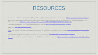 RESOURCES
How to Become an A&R Coordinator | Description & Salary. (2022, June 20). Music Careers | Expert Advice - Careers in Music. https://www.careersinmusic.com/a-r-coordinator/
Book Yourself Solid Illustrated: The Fastest, Easiest, and Most Reliable System for Getting More Clients Than You Can Handle Even if You Hate Marketing and Selling. (n.d.).
O’Reilly Online Learning. https://learning.oreilly.com/library/view/book-yourself-solid/9781118611357/9781118611357c2.xhtml#c02_level1_1
Lizzie Pomeroy Artist Relations. (n.d.). Linkedin. Retrieved January 15, 2024, from https://www.linkedin.com/in/lizzie-pomeroy-b213b9237/
Events. (n.d.). https://www.fullsail.edu/about/events
Creator Brand Archetype | Psychology Brand Strategy. (2023, December 15). Kaye Putnam | Psychology Driven Brand Strategist. https://www.kayeputnam.com/brand-archetype-
creator/
Online Reputation Management (2020 Guide) | BrandYourself. (n.d.). BrandYourself.com. https://brandyourself.com/online-reputation-management
What are the best A&R tools and platforms for finding new talent? (2023, December 18). www.linkedin.com. https://www.linkedin.com/advice/1/what-best-ar-tools-platforms-finding-
new-talent
 