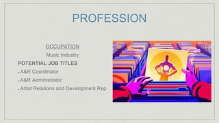 PROFESSION
OCCUPATION
Music Industry
POTENTIAL JOB TITLES
A&R Coordinator
A&R Administrator
Artist Relations and Development Rep
 