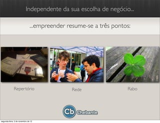 Independente da sua escolha de negócio...

                               ...empreender resume-se a três pontos:




              Repertório                      Rede                 Rabo




segunda-feira, 5 de novembro de 12
 