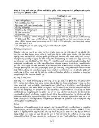 Bảng 9. Năng suất của lợn vỗ béo nuôi khẩu phần có bổ sung canxi và phốt pho từ nguồn
dicanxi phot-phat và MBMa
                                                      Nguồn phốt pho
                                          Dicanxi photphat             MBM
  Canxi khẩu phần (%)                     0,50        0,65        0,55        0,65
  Phốt pho khẩu phần (%)                  0,45        0,55        0,45        0,55
  Tăng trọng bình quân (pound/ngày)       1,87        1,94        1,96        1,96
  TĂ/tăng trọng (kg)                      3,10        3,15        3,05        3,03
  Tăng trọng thịt tinh (g/ngày)           330         337          333        332
  Độ chắc xương (kg)b                     178         194         182         194
  Tỷ lệ thịt tinh (%)                     53,1        52,6        52,6        52,4
a
  Traylor và cộng sự., 2005a. Trong thí nghiệm mỗi nghiệm thức sử dụng 25 lợn có khối lượng
   99-242pound. Mức canxi và phốt pho này được sử dụng nuôi trong thời gian nửa đầu của giai
   đoạn vỗ béo, sau đó, canxi giảm xuống còn 0,45 hoặc 0,55%, phốt pho giảm tương ứng xuống
   còn 0,40 hoặc 0,50%.
b
  Ảnh hưởng chủ yếu bởi hàm lượng phốt pho khác nhau (P<0.05)
Bột phụ phẩm gia cầm
Bột phụ phẩm gia cầm là sản phẩm chế biến từ phụ phẩm của các nhà máy giết mổ và chế biến
thịt gia cầm. Bột thường được miêu tả chính thức là sản phẩm được nghiền, chế biến công
nghiệp, hoặc rửa sạch của các phụ phẩm gia cầm giết mổ như đầu, chân, trứng loại và ruột,
nhưng không có lông vũ ngoại trừ hàm lượng nhỏ ở mức không thể tránh khỏi ngay cả với các
qui trình sản xuất tốt nhất (AAFCO, 2006). Vì phần lớn ngành chăn nuôi gia cầm tổ chức theo
ngành dọc khép kín nên sản phẩm này nhìn chung lại được sử dụng làm thức ăn cho chính đàn
gia cầm của công ty, chỉ một phần nhỏ so với bột thịt hoặc MBM là được sử dụng làm thức ăn
cho lợn. Thành phần a xít amin của bột phụ phẩm gia cầm cũng không khác nhiều so với bột thịt
hoặc MBM, nhưng nó chứa hàm lượng canxi và phốt pho thấp hơn so với các phụ phẩm có
nguồn gốc từ động vật có vú. Có rất ít thí nghiệm nuôi dưỡng trên lợn về khả năng sử dụng bột
phụ phẩm gia cầm làm thức ăn cho lợn.
Bộ lông vũ thủy phân
Bột lông vũ có thành phần tương tự như lông vũ của gia cầm. Sản phẩm này rất giàu protein
(85% protein thô), nhưng chất lượng protein này rất kém do chúng chứa lượng cystine cao hơn
nhiều so với các a xít amin khác. Người ta phải thủy phân lông vũ để phá hủy cầu nối lưu huỳnh
và giải phóng các a xít amin. Thậm chí ngay cả khi đó thì tỷ lệ tiêu hóa hồi tràng biểu kiến và
tiêu hóa hồi tràng thực của lysine và các a xít amin khác vẫn còn thấp nếu so với các sản phẩm
chế biến từ các phụ phẩm giết mổ khác. Hầu hết bột lông vũ được sử dụng trở lại làm thức ăn
cho gia cầm. Một số nghiên cứu cho thấy lợn có thể sử dụng với lượng hạn chế bột lông vũ thủy
phân trong khẩu phần nhưng nhìn chung việc sử dụng bột này trong ngành chăn nuôi lợn là rất
hiếm. Chiba (2001) đã tổng kết một số nghiên cứu trên lợn liên quan đến việc sử dụng bột lông
vũ thủy phân trong khẩu phần.
Bột cá
Bột cá được miêu tả chính thức là các mô sạch, sấy khô và nghiền lấy từ phần không bị phân hủy
của cá nguyên con hoặc cá cắt lát, hoặc cả hai đã được tách hoặc chưa tách dầu (AAFCO, 2006).
Bột cá là nguồn protein tuyệt vời cho lợn; tuy nhiên do giá cao nên ở Hoa Kỳ bột cá được sử
dụng rất hạn chế. Nước sản xuất bột cá lớn nhất là Peru và Chile. Đa số bột cá sử dụng trong
chăn nuôi lợn là để bổ sung vào thức ăn cho lợn con cai sữa. Thành phần bột cá dao động khá

                                             145
 