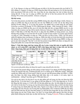 vũ. Ví dụ: Bureau và cộng sự (1999) đã quan sát thấy tỷ lệ tiêu hóa protein thô của FeM là 77-
86% (Bảng 2). Sugiura và cộng sự (1998) cũng thu được kết quả tương tự về tỷ lệ tiêu hóa biểu
kiến của protein FeM trên cá hồi vân. Loại thức ăn này cũng được các loài cá khác tiêu hóa
tương đối tốt. Ví dụ: Lee và cộng sự (2002) ước tính tỷ lệ tiêu hóa protein thô của FeM là
khoảng 79% ở loài cá đá (rockfish - Sebastes schlegeli).
Bột thịt xương
Tỷ lệ tiêu hóa protein của bột thịt xương (MBM) dường như cũng biến động ít nhiều. Bureau và
cộng sự (1999) cho rằng tỷ lệ tiêu hóa của sáu loại MBM cho cá hồi vân ăn dao động trong
khoảng 83-89% (Bảng 2). Tỷ lệ tiêu hóa protein của MBM trên cá hình trống đỏ (red drum;
Sciaenops ocellatus) là khoảng 74-79% (McGoogan & Reigh., 1996; Gaylord & Gatlin., 1996).
Allan và cộng sự (2000) lại báo cáo tỷ lệ tiêu hóa thấp hơn khi sử dụng MBM của bò và cừu
Australia cho cá pecca vảy bạc (Silver perch; Bidyanus bidyanus). Một loạt nghiên cứu được tiến
hành ở Nhật Bản và Bồ Đào Nha đã chỉ ra rằng bột thịt (MBM có lượng protein cao, lượng
khoáng tổng số thấp) có tỷ lệ tiêu hóa rất cao đối với một số loài cá biển và cá nước ngọt (Gomes
và cộng sự, 1995; Wanatabe và cộng sự, 1996; da Silva và Oliva-Teles, 1998). Các kết quả từ
nhiều thí nghiệm (như của Bureau và cộng sự, 2000) cho thấy tỷ lệ tiêu hóa biểu kiến của protein
thô dường như ước tính quá cao hàm lượng a xít amin có thể tiêu hóa trong MBM và rằng các
giá trị ước tính tương đối ―bảo thủ‖ tỷ lệ tiêu hóa protein trong MBM nên được sử dụng khi xây
dựng khẩu phần cho cá dựa trên hàm lượng protein tiêu hóa.
Bảng 3. Tính khả dụng sinh học tƣơng đối của Lysine trong bột máu có nguồn gốc khác
nhau, so với Lysine-HCL (giả định là 100% khả dụng sinh học) và dựa trên các chỉ tiêu
khác: tăng trọng, hiệu quả sử dụng thức ăn và nitơ tích lũy ở cá hồi vân.
       Chỉ tiêu          Lysine HCL      Bột máu sấy      Bột máu sấy     Bột máu sấy
                                            phun            nhanh             đĩa
 Tăng trọng, g/cá          100               138              150             84
 Hiệu quả sử dụng          100               139              132             85
 thức ăn, tăng trọng
 trên thức ăn ăn vào
 N tích lũy, g/cá          100                129             143              86
Nguồn: El-Haroun và Bureau, 2004.
Các protein phụ phẩm động vật dùng làm nguồn cung cấp phốt pho tiêu hóa
Các nguyên liệu protein động vật nhìn chung có hàm lượng P cao nhưng rất biến động (Bảng 4).
Trong các nguyên liệu này, P thường kết hợp với Ca và được gọi là ―Phốt-pho xương‖. Phốt-pho
xương này chiếm một tỷ lệ lớn trong P tổng số của các loại bột protein động vật (Hình 1). Phốt-
pho còn được tìm thấy trong những hợp chất khác như a xít nucleic, a xít amin, lipid và
carbohydrate – những P này được gọi là ―Phốt-pho hữu cơ‖.
Các giá trị ước tính tỷ lệ tiêu hóa P của các phụ phẩm giết mổ trong các báo cáo khoa học biến
động rất lớn. Tỷ lệ tiêu hóa P ở các giống cá hồi dao động từ 17-81% khi dùng bột cá, 22-45%
khi dùng bột thịt xương và 15-64% đối với bột phụ phẩm gia cầm. Sự biến động lớn của giá trị
ước tính tỷ lệ tiêu hóa P có trong các loại bột protein động vật khác nhau có thể là do hàm lượng
P xương trong các thành phần này khác nhau. Ngoài ra nó cũng có thể là do mức độ khác nhau
trong dạng cấu trúc hóa học của P trong thức ăn thành phẩm. Hua và Bureau (2006) đã xây dựng
một mô hình toán học để ước tính hàm lượng P có thể tiêu hóa trong thức ăn cho cá hồi dựa vào
hàm lượng của các loại P khác nhau. Các loại P có trong thành phần nguyên liệu thức ăn được
phân thành những loại chính dựa vào đặc tính hóa học: P xương, P phytate, P hữu cơ, những chất

                                              174
 