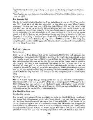 2
  Bột thịt xương. A xít amin tổng số (Bảng 1) x tỷ lệ tiêu hóa AA (Bảng 3)/tổng protein tiêu hóa x
  100
3
  Bột phụ phẩm gia cầm. A xít amin tổng số (Bảng 1) x tỷ lệ tiêu hóa AA (Bảng 3)/tổng protein có
  tiêu hóa x 100
Đáp ứng miễn dịch
Cho đến nay mới chỉ có các nhà nghiên cứu Trung Quốc (Yang và cộng sự., 2002; Yang và cộng
sự., 2003) là đã đánh giá đáp ứng miễn dịch của tôm (tôm nước ngọt, Macrobrachiun
nipponense) khi được nuôi khẩu phần có FM được thay thế bằng MBM (thay thế cho tới 50%)
hoặc PBM (thay thế tới 100%). Do tôm thiếu các kháng thể đích thực và phải dựa vào cơ chế
bẩm sinh nên ba thông số miễn dịch (đếm tế bào máu tổng số, hoạt tính phenoloxidase và tần số
hô hấp tăng đột ngột) đã được so sánh giữa lô đối chứng sử dụng FM và các lô dùng các nguồn
protein thay thế FM. Sau một đợt thí nghiệm sinh trưởng trong 70 ngày, không có sự khác biệt
đáng kể nào về các thông số miễn dịch quan sát thấy trong tất cả các lô thí nghiệm. Các tác giả
đã kết luận rằng FM có thể được thay thế bằng MBM và PBM tới tỷ lệ 50% và 80% tương ứng
trong khẩu phần nuôi tôm mà không gây ra tác động xấu nào tới khả năng sinh trưởng, tỷ lệ sống
sót và các thông số miễn dịch.


Đánh giá về giác quan
Bột thịt xương
Rất ít các báo cáo đề cập đến việc đánh giá tôm ăn khẩu phần MBM từ khía cạnh giác quan. Các
nhà khoa học ở Australia (Smith, 1996) đã so sánh tôm sú được nuôi bằng khẩu phần đối chứng
(FM) với tôm sú nuôi khẩu phần có MBM (với các tỷ lệ thay thế 20%, 40%, 60% FM) trên chín
kiểu mùi vị (kim loại, thịt, ngọt, hải sản, bùn/ đất, tươi, mặn, cỏ dại, và kiểu khác) và phát hiện
thấy chỉ có vị ―thịt‖ là có sự khác biệt đáng kể giữa hai loại tôm này. Tuy nhiên, mùi vị này lại
không có mối tương quan với các hàm lượng MBM có trong khẩu phần. Không có sự khác biệt
đáng kể về tính hấp dẫn chung của mùi vị tôm. Thông qua một phương pháp đánh giá đơn giản
hơn, các nhà khoa học Trung Quốc cũng tìm ra những kết quả tương tự (Tan and Yu, 2002b) với
các tỷ lệ MBM bổ sung ở các mức khác nhau (cao tới 40%) trong khẩu phần cho tôm thẻ chân
trắng.
Bột phụ phẩm gia cầm
Mới chỉ có một thí nghiệm đánh giá mùi vị của tôm nuôi các khẩu phần thức ăn có tỷ lệ PBM
khác nhau (tới 38%) (Tan và cộng sự., 2003). Điểm mùi vị tôm chỉ giảm khi PBM được thay thế
100% FM trong khẩu phần (3,5 so với 4,1; 5 là điểm tốt nhất). Những nghiên cứu này cho thấy
việc bổ sung các loại MBM và PBM với tỷ lệ cao (tới 80%) trong khẩu phần không gây ảnh
hưởng tiêu cực nào cho các đặc điểm về giác quan của tôm.
Các thí nghiệm sinh trƣởng
Bột phụ phẩm gia cầm
Đáp ứng sinh trưởng của tôm tới thức ăn có PBM phụ thuộc vào (1) tỷ lệ PBM đưa vào, (2) cấp
thức ăn theo định nghĩa của quy trình sản xuất, (3) mức độ tinh vi của công thức khẩu phần (chỉ
có 1 hay nhiều thành phần protein), (4) protein tổng số trong khẩu phần, (5) mật độ đàn tôm và
(6) các chất dinh dưỡng (các thức ăn tự nhiên) sẵn có trong nước. Để so sánh chất lượng protein
một cách chính xác, cần cho tôm ăn thức ăn chỉ có một loại protein trong các điều kiện nuôi bằng
nước sạch (nước được lọc). Kết quả của một thí nghiệm điển hình so sánh tôm nuôi bằng khẩu
phần PBM với tôm nuôi khẩu phần FM trong cùng điều kiện nước sạch được biểu thị ở Hình 1.

                                               190
 