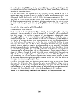 Có vẻ như việc sử dụng MBM trong các ứng dụng của bê tông và nhựa đường xây dựng cần phải
được nghiên cứu sâu hơn. Các ứng dụng cao hơn có thể trở nên hấp dẫn hơn trong việc sử dụng
sản phẩm bột thịt nghiền mịn này.
Giải pháp trước mắt hay nhất là phát triển các ứng dụng trong xây dựng. Như đã đề cập, giá trị
calo của MBM mang lại nguồn lợi kinh tế từ tiền lãi của việc thu hồi năng lượng, dĩ nhiên cả hai
giải pháp này đều hấp dẫn hơn nhiều so với chi phí tiêu hủy bằng phương pháp chôn lấp.
Một số vấn đề đã được dự liệu trước khi sử dụng MBM trong các ứng dụng xây dựng. Các vấn
đề về môi trường có thể cảm nhận được khi thu hồi năng lượng thông qua việc thiêu hủy có thể
tạo ra các ý kiến tiêu cực từ người dân và áp lực đáng kể buộc các cơ sở tiêu hủy này phải đóng
cửa.
Sản xuất điện thông qua công nghệ tế bào nhiên liệu
Các ứng dụng của tế bào nhiên liệu
Các tế bào nhiên liệu là những thiết bị hóa điện có khả năng chuyển năng lượng hóa học trực tiếp
thành điện. Các tế bào nhiên liệu có những ưu điểm vốn có rất đáng kể so với các chu trình đốt
cháy thông thường. Trong một động cơ đốt trong điển hình, hiệu suất bị mất đi do việc chuyển
đổi năng lượng hóa học dự trữ trước tiên thành năng lượng nhiệt, sau đó thành năng lượng cơ
giới và cuối cùng là điện. Các tế bào nhiên liệu có tiềm năng sở hữu hiệu suất cao hơn đáng kể so
với các động cơ đốt trong do chúng không bị ảnh hưởng bởi các giới hạn về hiệu suất theo chu
trình Rankine/Carnot. Có một quan niệm sai lầm rằng các tế bào nhiên liệu là những vật mang
năng lượng, như các loại pin. Trên thực tế, chúng là những vật chuyển đổi năng lượng, tương tự
như trong ứng dụng của nồi hơi hay động cơ mặc dù chúng có chu trình chuyển đổi trực tiếp hơn
từ năng lượng dự trữ của nhiên liệu thành điện. Theo lý thuyết, một tế bào nhiên liệu có thể tiếp
tục sản xuất năng lượng vô hạn định nếu một dòng nhiên liệu như hydro được cung cấp liên tục.
Tuy nhiên, một cục pin không thể sản xuất được năng lượng nữa khi năng lượng hóa học dự trữ
đã cạn kiệt. Điều này rõ ràng là rất hấp dẫn đối với hầu hết mọi quá trình có tiêu thụ năng lượng.
Hiệu suất chuyển đổi năng lượng hóa học dự trữ thành điện cao hơn sẽ kéo theo giá thành vận
hành giảm xuống. Vấn đề tế bào nhiên liệu gặp phải về mặt thương mại liên quan đến giá thành
lắp đặt rất cao của chúng và các quy trình thường phức tạp và nhạy cảm với sự thay đổi hơn so
với các quá trình sản sinh năng lượng tiêu chuẩn.
Các vấn đề trở ngại về chi phí vốn và mức độ tin cậy được dự báo là sẽ giảm do nhu cầu các
năng lượng thay thế tăng lên, sẽ cho phép các công ty tận dụng ưu thế kinh tế khi quy mô và số
lượng tăng lên. Với nhu cầu tăng cao, người ta cho rằng các công ty sản xuất tế bào nhiêu liệu đã
có đủ điều kiện để tối ưu hóa quy trình sản xuất của họ. Rất nhiều nghiên cứu được tiến hành đối
với các cấu hình tế bào nhiên liệu và các vật liệu xây dựng để giảm chi phí vốn đầu tư.
Hình 1. Sơ đồ cấu tạo của một tế bào nhiên liệu cơ bản, lấy từ Hydrogencommerce.com




                                              224
 