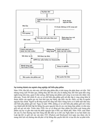 Sự trƣởng thành của ngành công nghiệp chế biến phụ phẩm
Năm 1956, hầu hết các nhà máy chế biến phụ phẩm đều ở tình trạng cần phải được cải tiến. Thế
nhưng trong suốt 50 năm qua, những thay đổi lớn chủ yếu là những thay đổi liên quan đến công
nghệ trong nhà máy, quản lí nhà xưởng, chất lượng sản phẩm cuối cùng và an toàn cho nhân viên
nhà máy. Trước thế chiến II, các cơ sở chế biến phụ phẩm giết mổ độc lập ở vùng nông thôn lệ
thuộc nhiều vào nguồn gia súc loại thải (gia súc bệnh, sắp chết, tàn tật, chết), coi đây là nguồn
nguyên liệu chính. Người ta đã từng tuyên bố rằng mỗi Hạt ở bang Iowa có ít nhất một nhà máy
chế biến phụ phẩm giết mổ. Ngay từ năm 1900, những cơ sở chế biến phụ phẩm giết mổ ở khu
vực thành phố đã thiết lập hệ thống thu gom nguyên liệu từ các cửa hàng thực phẩm và nhà máy
giết mổ qui mô nhỏ. Trước năm 1920, các cơ sở đóng gói thực phẩm lớn kiểm soát lượng phụ
phẩm của họ và gần như toàn bộ phần nguyên liệu ở khu vực thành phố. Năm 1920, cuộc khảo
sát của Ủy ban thương mại liên bang (đã dẫn đến sự ra đời của Nghị định và sự ban hành của
Luật tập kết và giết mổ súc sản năm 1921 (Packers and Stockyard Act) ngày nay được cho là
mang tính lịch sử) dường như đã phá vỡ hệ thống độc quyền thời đó và tạo đà cho sự phát triển

                                              27
 