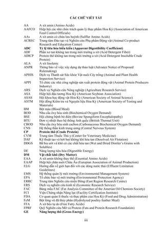 CÁC CHỮ VIẾT TẮT

AA      A xít amin (Amino Acids)
AAFCO   Hiệp hội các nhà chức trách quản lý thực phẩm Hoa Kỳ (Association of American
        Feed Control Officials)
AAs     A xít amin có chứa lưu huỳnh (Sulffur Amino Acids)
ACREC   Trung tâm Đào tạo và Nghiên cứu Phụ phẩm Động vật (Animal Co-product
        Research and Education Center)
ADC     Tỷ lệ tiêu hóa biểu kiến (Apparent Digestibility Coefficient)
ADF     Phần xơ tan không tan trong môi trường a xít (Acid Detergent Fiber)
ADICP   Protein thô không tan trong môi trường a xít (Acid Detergent Insoluble Crude
        Protein)
ALA     A xít linolenic
ANPR    Thông báo về việc xây dựng dự thảo luật (Advance Notice of Proposed
        Rulemaking)
APHIS   Dịch vụ Thanh sát Sức khỏe Vật nuôi Cây trồng (Animal and Plant Health
        Inspection Service)
APPI    Tổ chức các nhà công nghiệp sản xuất protein động vật (Animal Protein Producers
        Industry)
ARS     Dịch vụ Nghiên cứu Nông nghiệp (Agriculture Research Service)
ASA     Hiệp hội đậu tương Hoa Kỳ (American Soybean Association)
ASAS    Hội khoa học động vật Hoa Kỳ (American Society of Animal Science)
ASTM    Hội đồng Kiểm tra và Nguyên liệu Hoa Kỳ (American Society of Testing and
        Materials)
BM      Bột máu (Blood Meal)
BOD     Nhu cầu ôxy hóa sinh (Biochemical Oxygen Demand)
BSE     Hội chứng bệnh bò điên (Bovine Spongiform Encephalopathy)
BTU     Đơn vị nhiệt theo hệ thống Anh quốc (British Thermal Unit)
CBOD    Nhu cầu ôxy hóa sinh cacbon (Carbonaceous Biochemical Oxygen Demand)
CNS     Hệ thống thần kinh trung ương (Central Nervous System)
CP      Protein thô (Crude Protein)
CVM     Trung tâm Thuốc Thú y (Center for Veterinary Medicine)
DAF     Kỹ thuật tạo và hớt bọt không khí hòa tan (Desolved Air Flotation)
DDGS    Bã bia ướt và khô có các chất hòa tan (Wet and Dried Distiler‘s Grains with
        Solubles)
DE      Năng lượng tiêu hóa (Digestible Energy)
DM      Vật chất khô (Dry Matter)
EAA     A xít amin không thay thế (Essential Amino Acids)
EAAP    Hiệp hội chăn nuôi Châu Âu (Europian Association of Animal Production)
ELG     Hướng dẫn về giới hạn đối với các dòng nước thải (Effluent Limitation
        Guidelines)
EMS     Hệ thống quản lý môi trường (Environmental Management System)
EPA     Tổ chức bảo vệ môi trường (Environmental Protection Agency)
ERRC    Trung tâm Nghiên cứu miền Đông (East Region Research Centre)
ERS     Dịch vụ nghiên cứu kinh tế (Economic Research Service)
FAC     Bảng mầu FAC (Fat Analysis Committee of the Amerian Oil Chemists Society)
FCI     Viện Chứng nhận Năng lực (Facility Certification Institute)
FDA     Cơ quan quản lí thuốc và thực phẩm của Hoa Kỳ (Food and Drug Administration)
FeM     Bột lông vũ đã thủy phân (Hydrolyzed poultry feather Meal)
FFA     A xít béo tự do (Free Fatty Acids)
FPRF    Quỹ Nghiên cứu Mỡ và Protein (Fats and Protein Research Foundation)
GE      Năng lƣợng thô (Gross Energy)

                                        iii
 