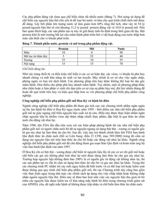 Các phụ phẩm động vật chưa qua chế biến chứa rất nhiều nước (Bảng 7). Hơi nóng sử dụng để
chế biến các nguyên liệu thô chủ yếu là để loại bỏ nước và làm cho quá trình chiết tách mỡ được
dễ dàng. Lấy bớt phần lớn lượng nước sẽ làm giảm hơn 60% tổng thể tích, như vậy từ 54 tỷ
pound nguyên liệu thô sẽ còn khoảng 11,2 tỷ pound protein động vật và 10,9 tỷ pound mỡ. Nếu
bảo quản thích hợp, các sản phẩm tạo ra này sẽ giữ được tính ổn định trong thời gian rất lâu. Bột
protein khô là môi trường bất lợi cho mầm bệnh phát triển bởi vì độ hoạt động của nước thấp hơn
mức cần thiết cho vi khuẩn phát triển.
Bảng 7. Thành phần nƣớc, protein và mỡ trong phụ phẩm động vật.
                            Protein                  Mỡ                    Nƣớc
 Máu                          10                      0                     90
 Mỡ lọc từ thân thịt           5                     55                     40
 Xương                        35                     10                     55
 Nội tạng                     15                     15                     70
Chế biến đúng lúc
Nhờ các trang thiết bị và điều kiện chế biến ở các cơ sở hiện đại, các virus, vi khuẩn bị phá hủy
nhanh chóng và mất khả năng tái sinh và lan truyền. Đây chính là cơ sở cho việc ngăn chặn,
phòng ngừa và loại trừ dịch bệnh. Các phương pháp tiêu hủy khác không thể loại bỏ tận gốc
mầm bệnh. Hỏa thiêu cho phép phá hủy nhanh mầm bệnh. Tuy nhiên, một số phương pháp khác
như chôn hoặc ủ làm phân vi sinh chỉ dựa trên cơ sở của sự phân hủy mô, đòi hỏi nhiều tháng để
hoàn tất quá trình tiêu hủy và hiệu quả thấp hơn so với phương pháp chế biến phụ phẩm công
nghiệp.
Công nghiệp chế biến phụ phẩm giết mổ Hoa Kỳ và bệnh bò điên
Ngành công nghiệp chế biến phụ phẩm đã tham gia tích cực các chương trình nhằm ngăn ngừa
sự lây lan bệnh bò điên ở Hoa Kỳ ngay trước năm 1995 - thời điểm các nhà chế biến phụ phẩm
giết mổ tự giác ngưng chế biến nguyên liệu xuất xứ từ cừu. Điều này được thực hiện nhằm ngăn
chặn nguyên liệu bị nhiễm virus dại thâm nhập chuỗi thực phẩm, đặc biệt là qua thức ăn chăn
nuôi cho động vật nhai lại.
Năm 1996, khi FDA lần đầu tiên xem xét các biện pháp phòng bệnh thì các nhà chế biến phụ
phẩm giết mổ và người chăn nuôi bò đã tự nguyện ngưng sử dụng bột thịt - xương có nguồn gốc
từ gia súc nhai lại làm thức ăn cho bò. Sau đó, việc này trở thành chính thức khi FDA ban hành
Qui định thức ăn chăn nuôi (Hồ sơ Liên bang: điều 21 CFR, mục 589.2000) trong đó cấm sử
dụng các nguyên liệu nói trên làm thức ăn cho bò hoặc các động vật nhai lại khác. Ngành công
nghiệp chế biến phụ phẩm giết mổ đã chủ động tham gia soạn thảo Qui định và hoàn toàn ủng hộ
việc ban hành Qui định vào năm 1997.
Ở Hoa Kỳ chỉ có bột thịt - xương được chế biến từ nguyên liệu lấy từ các cơ sở chỉ giết mổ hoặc
chế biến các gia súc không phải loài nhai lại mới được dùng làm thức ăn cho gia súc nhai lại.
Trường hợp nguyên liệu không đảm bảo 100% là có nguồn gốc từ động vật không nhai lại, thì
các sản phẩm tạo ra vẫn bị cấm sử dụng làm thức ăn cho bò và gia súc nhai lại khác. Trong khi
các chương trình PC nhắm tới các mối nguy hiểm đã biết trước và có thể loại trừ hoặc kiểm soát
được thông qua quy trình chế biến phụ phẩm giết mổ, thì các Chương trình này cũng bao gồm
việc thực hiện ngay trong nhà máy các chính sách áp dụng cho việc chấp nhận hoặc không chấp
nhận nguồn nguyên liệu thô. Điều này sẽ đảm bảo hơn nữa việc các nguyên liệu thu gom từ bò
(như các nguyên liệu được kiểm tra về khả năng mắc bệnh bò điên trong chương trình giám sát
của APHIS), cừu, dê nghi mắc bệnh sẽ không được tiếp nhận và chế biến làm thức ăn chăn nuôi.


                                              80
 