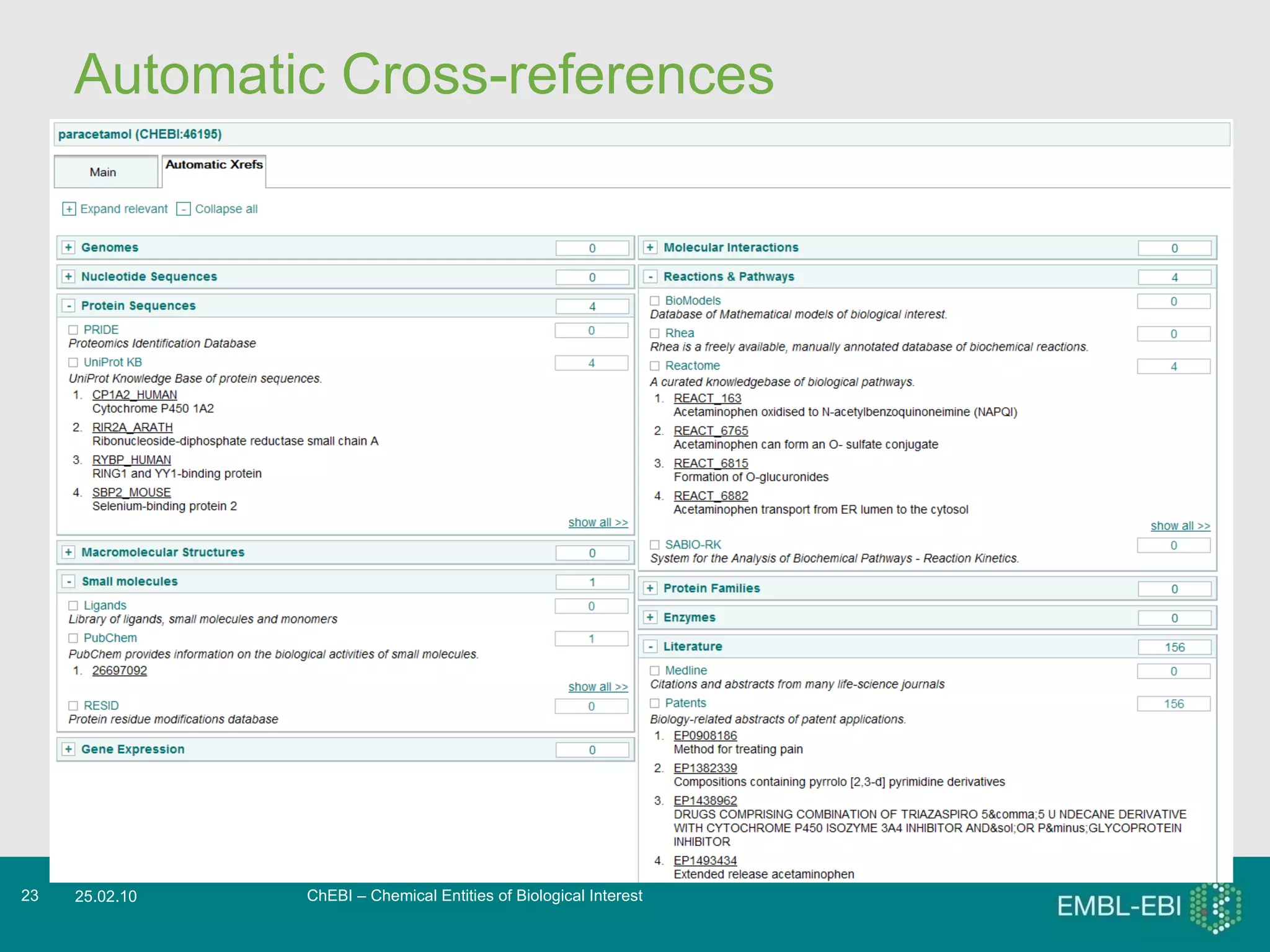 Automatic Cross-references ChEBI – Chemical Entities of Biological Interest 25.02.10 
