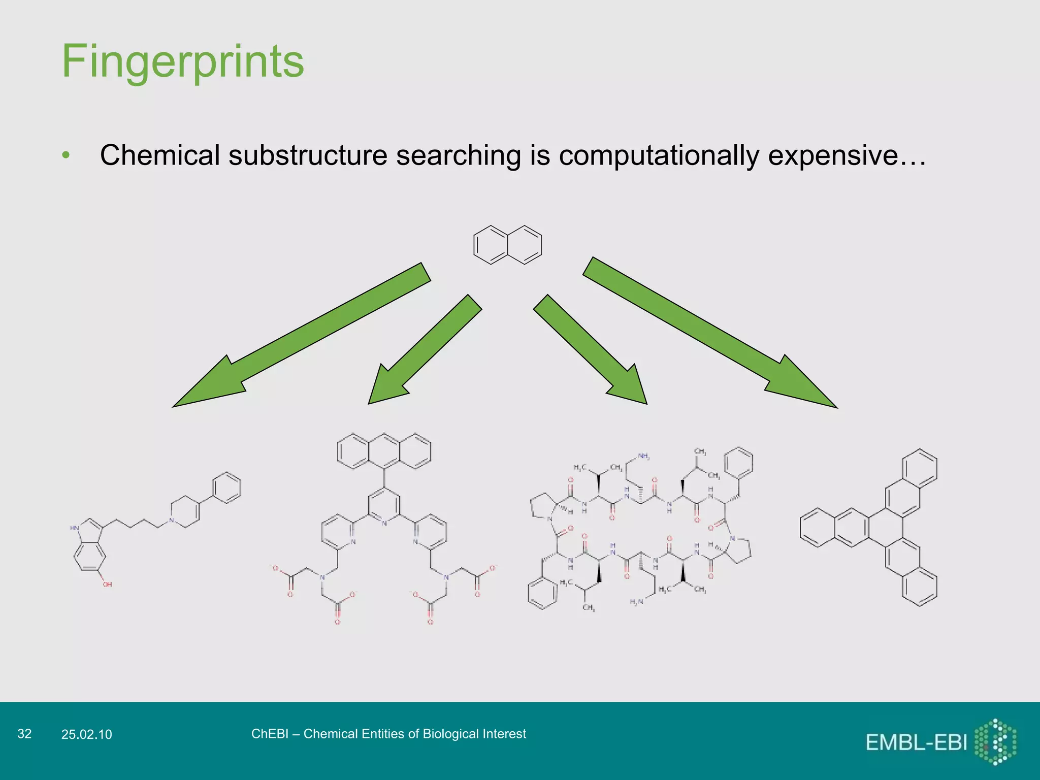Fingerprints Chemical substructure searching is computationally expensive… ChEBI – Chemical Entities of Biological Interest 25.02.10 