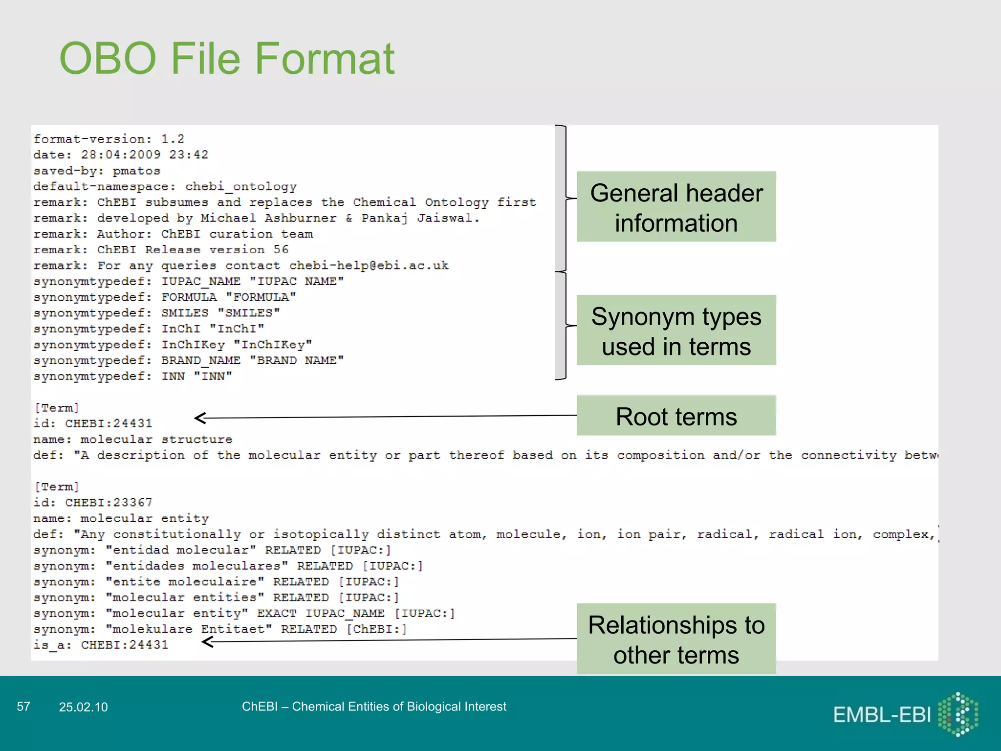 OBO File Format File format defined specifically for capturing biological ontologies Why use this format? Use it if you are primarily interested in the ontology. Don’t use it if you are interested in chemical structural information. What can you do with it? Can parse it directly using parsers such as OBO-Edit Can upload and browse the ontology using OBO-Edit ChEBI – Chemical Entities of Biological Interest 25.02.10 General header information Synonym types used in terms Root terms Relationships to other terms 
