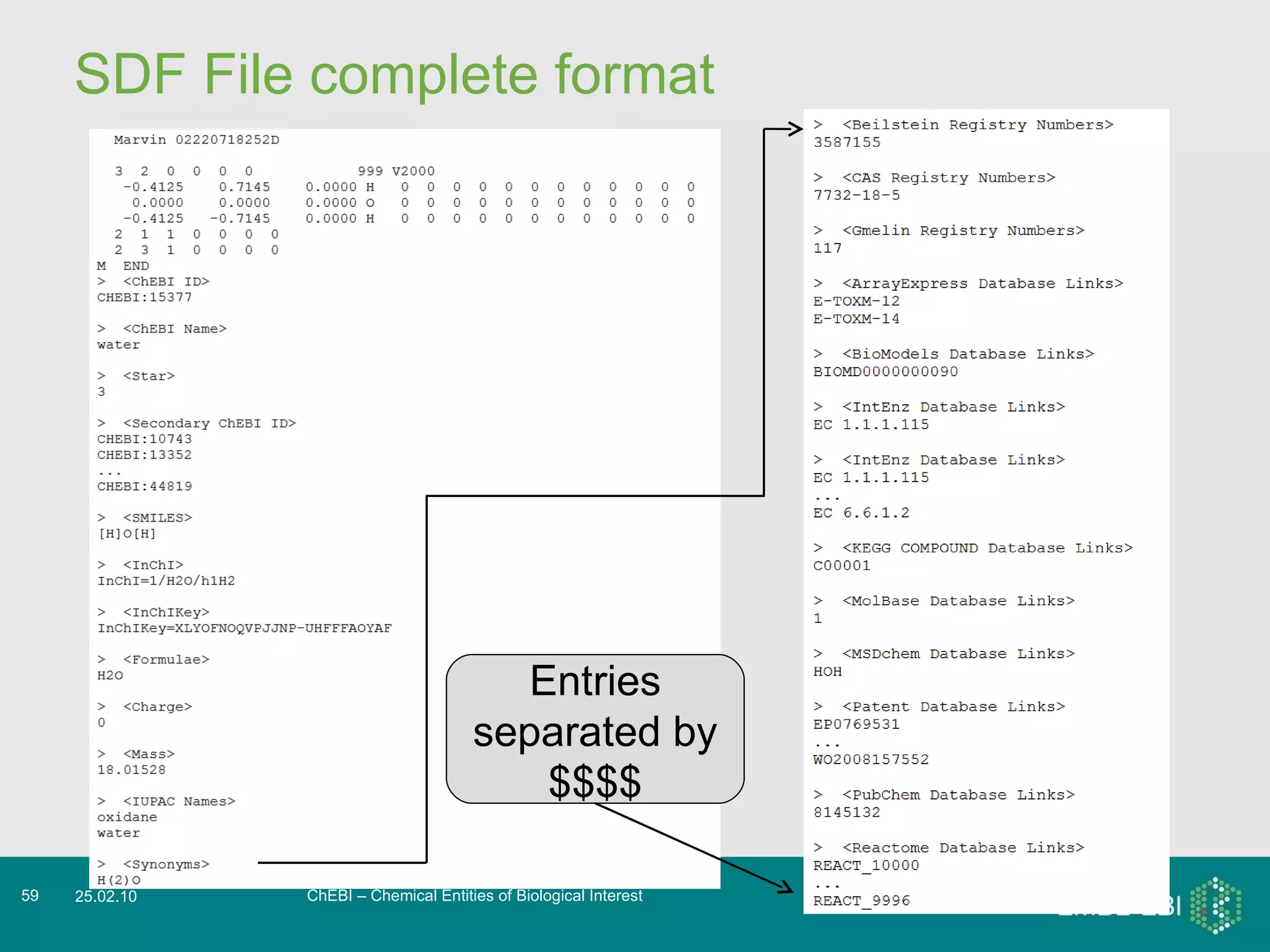 SDF File complete format ChEBI – Chemical Entities of Biological Interest 25.02.10 Entries separated by $$$$ 