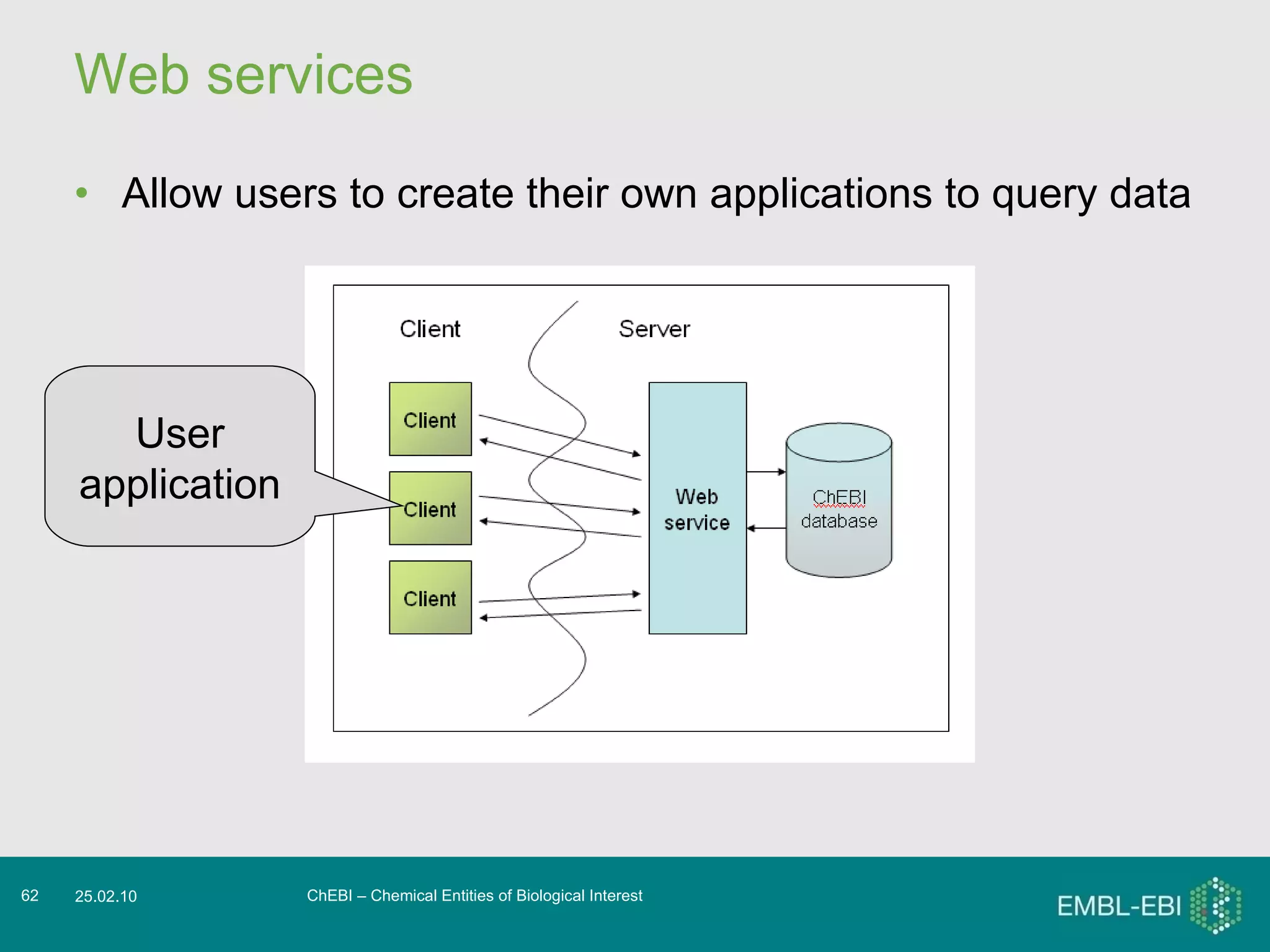Web services Allow users to create their own applications to query data ChEBI – Chemical Entities of Biological Interest 25.02.10 User application 