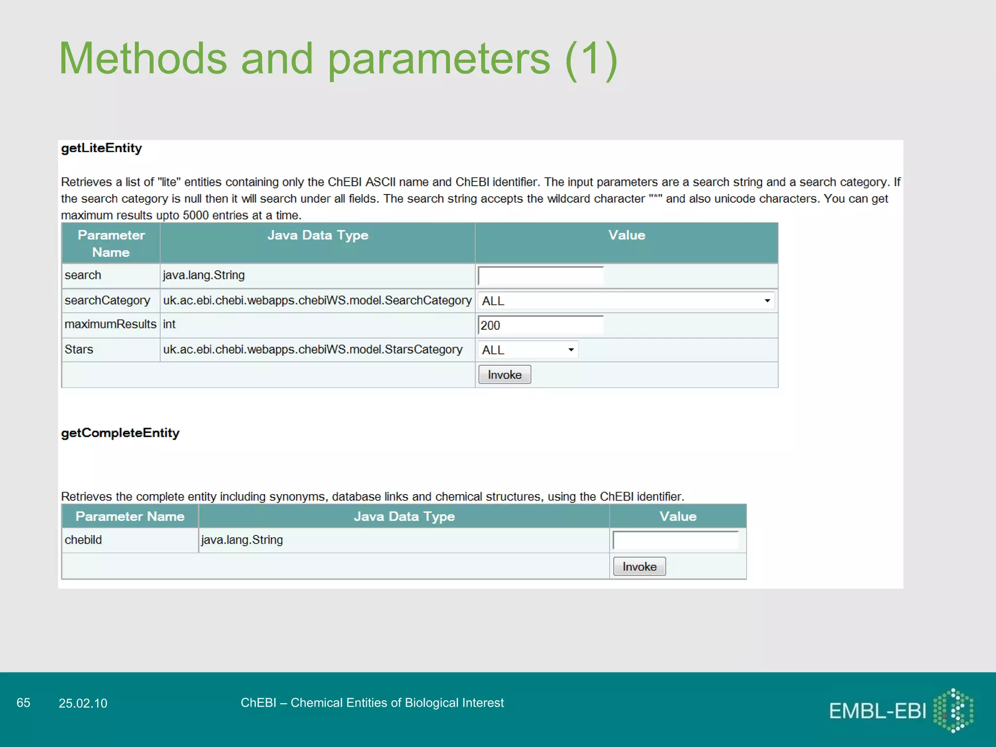 Methods and parameters (1) ChEBI – Chemical Entities of Biological Interest 25.02.10 