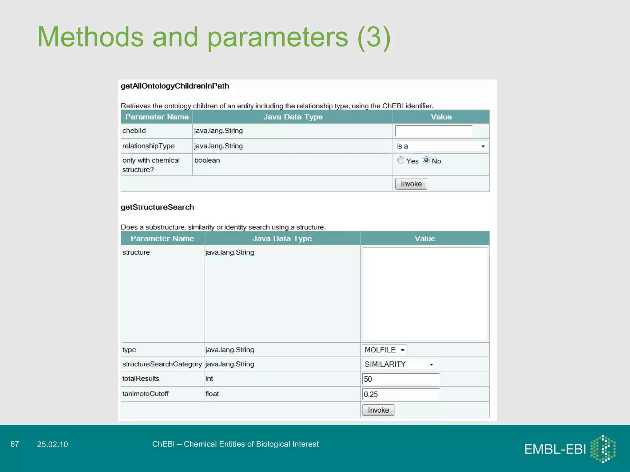 Methods and parameters (3) ChEBI – Chemical Entities of Biological Interest 25.02.10 