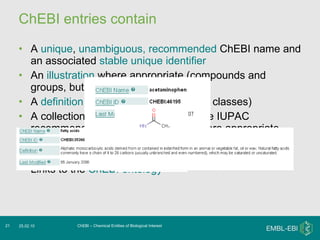 ChEBI entries contain A  unique ,  unambiguous,   recommended  ChEBI name and an associated  stable unique identifier An  illustration  where appropriate (compounds and groups, but generally not classes) A  definition  where appropriate (mostly classes) A collection of  synonyms , including the IUPAC recommended name for the entity where appropriate A collection of  cross-references  to other databases Links to the  ChEBI ontology ChEBI – Chemical Entities of Biological Interest 25.02.10 