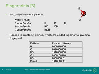 Fingerprints [3] Encoding of structural patterns ChEBI – Chemical Entities of Biological Interest 25.02.10 water (HOH) 0-bond paths H O H 1-bond paths HO OH 2-bond paths HOH Hashed to create bit strings, which are added together to give final fingerprint Pattern Hashed bitmap  H 0000010000 O 0010000000 HO 1010000000 OH 0000100010 HOH 0000000101 Result: 1010110111 