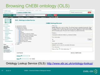 Browsing ChEBI ontology (OLS) ChEBI – Chemical Entities of Biological Interest 25.02.10 Browse the ontology Ontology Lookup Service (OLS):  http://www.ebi.ac.uk/ontology-lookup/ 