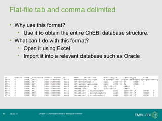 Flat-file tab and comma delimited ChEBI – Chemical Entities of Biological Interest 25.02.10 Why use this format? Use it to obtain the entire ChEBI database structure. What can I do with this format? Open it using Excel Import it into a relevant database such as Oracle 