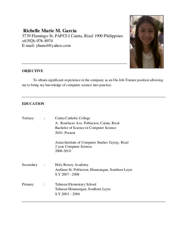 richelle marie m garcia3739 flamingo st papci i cainta rizal 1900 philippines - Sample Resume For College Ojt richelle marie m garcia3739 flamingo st papci i cainta rizal 1900 philippines - Sample Resume For College Ojt